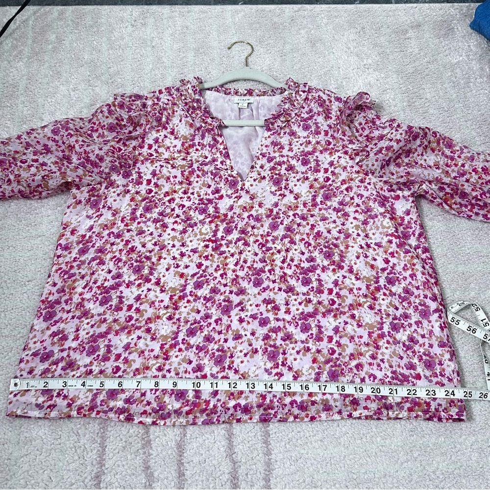 J. Crew Pink Floral Long Sleeve Ruffle Blouse Size Large Valentines Day Office - Picture 8 of 11